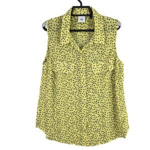 Womens Cabi Yellow & Black Floral Print Sleeveless Blouse Button Up Polyester M